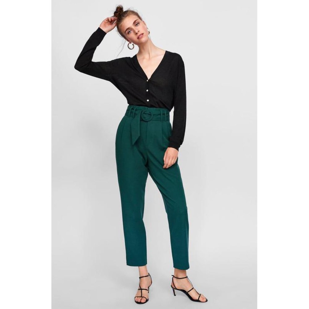 Zara deep forest green belted high waisted rise tapered leg trousers pants